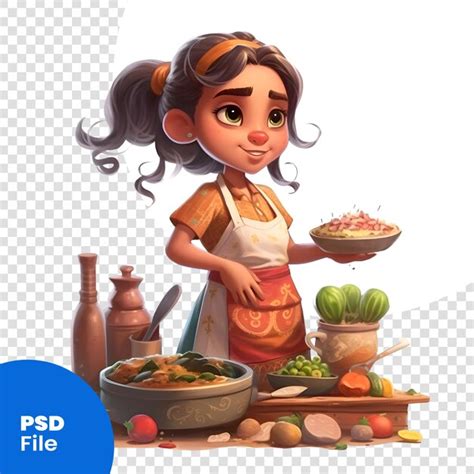 Pequeña Niña Linda Cocinando En La Cocina Plantilla Psd De Ilustración