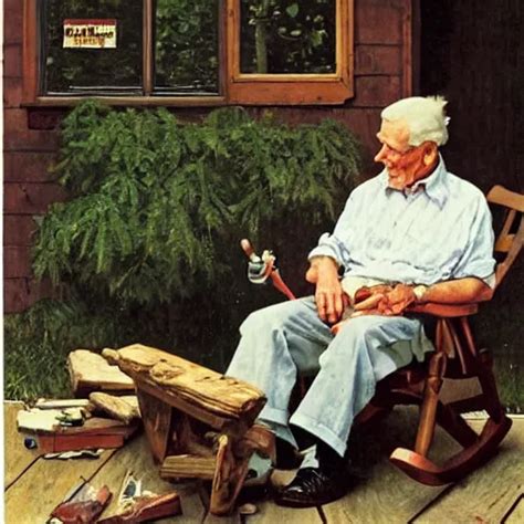 An Old Man Smoking A Pipe Sitting In A Wooden Rocking Stable Diffusion