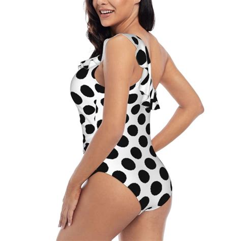 Women Black And White Polka One Shoulder Ruffled One Piece Swimsuit