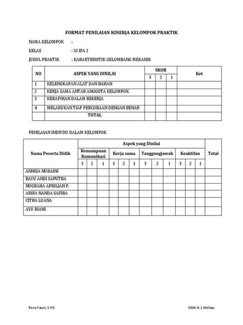 Format Penilaian Kinerja Kelompok Praktik Xi Ipa 2 Pdf