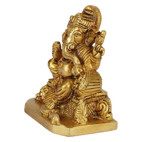 Lord Ganesha Sitting On Carved Singhasan With Mooshak At Left Leg Brass