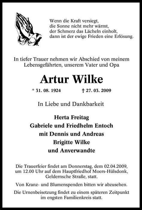 Traueranzeigen Von Artur Wilke Trauer In Nrw De