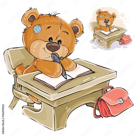 Vector Illustration Of A Brown Teddy Bear Sitting At The Student S Desk