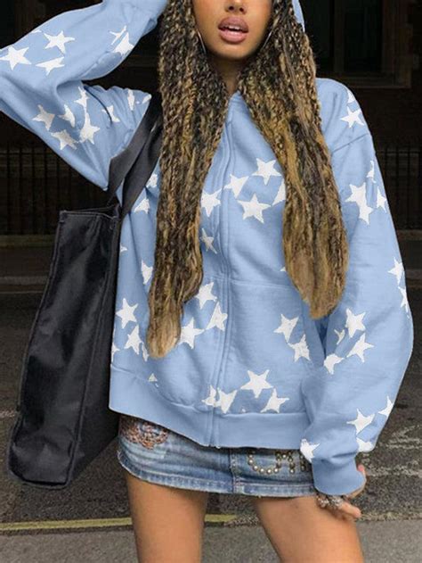 2023 Oversized Star Print Zip Up Hoodie Gray S In Hoodies Online Store