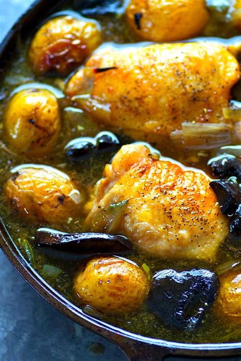 White Wine Braised Chicken With Mushrooms And Baby Potatoes