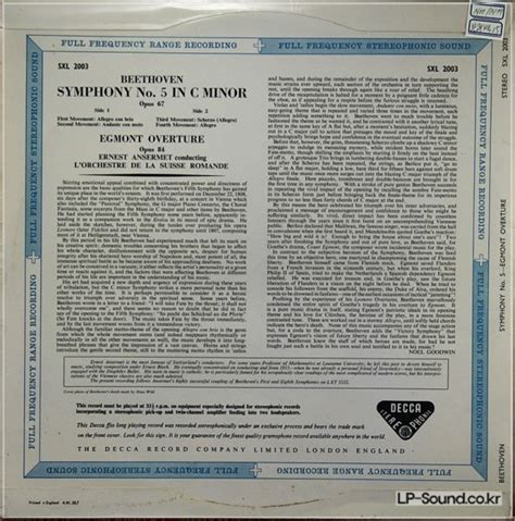 BEETHOVEN SYMPHONY NO 5 EGMONT OVERTURE ANSERMET SXL 2003 관현악곡 LP