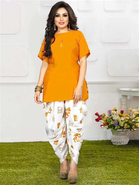 Musturd Yellow Rayon Plain Kurti With Printed Dhoti Dhoti Salwar