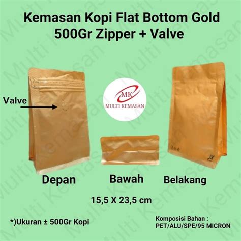 Jual Kemasan Kopi Flat Bottom Gold 500Gr Zipper Valve Kemasan Kopi