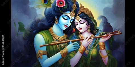 Radha Krishna Playing Flute, janmashtami, illustration, generative a.i Stock Illustration ...