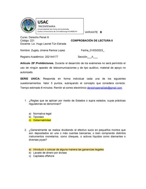 Comprobaci N De Lectura Penal Variante B Curso Derecho Penal Iii