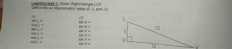 Solved Learning Task 1 Given Right Triangle Luv Define The Six