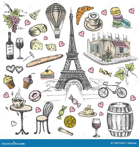 Set Of Hand Drawn French Icons Paris Sketch Illustration Stock