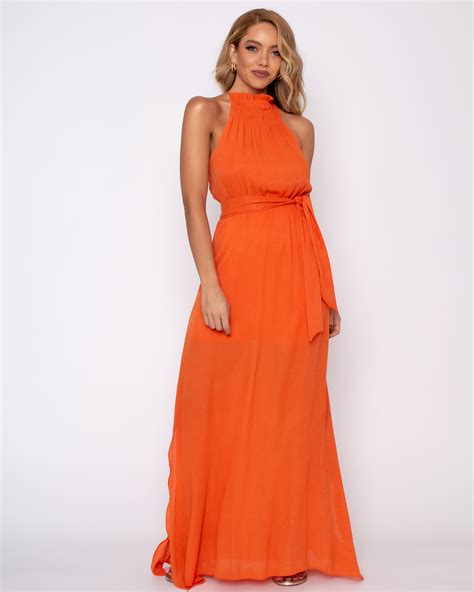 Dress Us Vestido Miss Misses Longo Babado No Decote Laranja