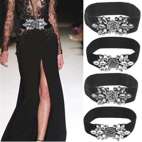 Women Belts Wide Floral Rhinestone Belt Buckle Stretchy Elastic Waist Belt Fashion Design