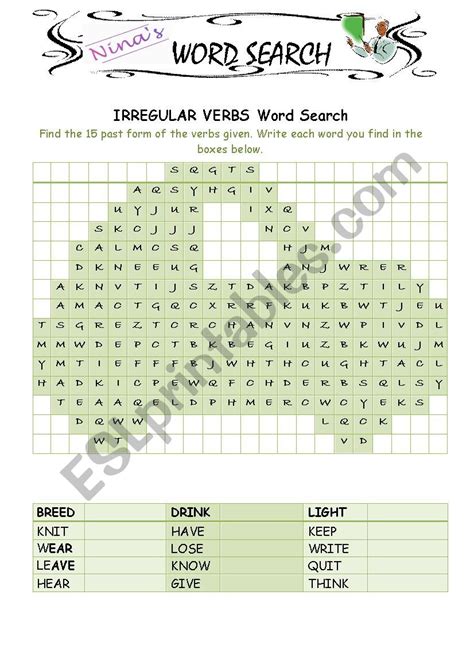 Irregular Verbs Word Search Esl Worksheet By Nina