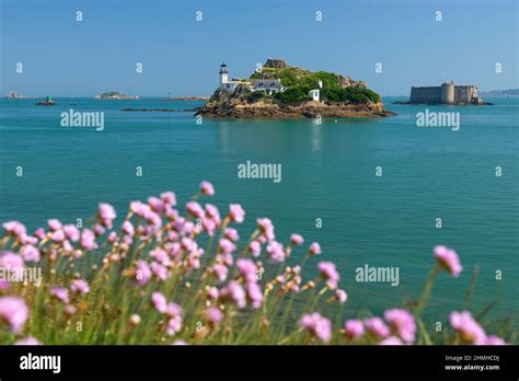 Ile Louët avec phare et maison de gardien en arrière plan Château