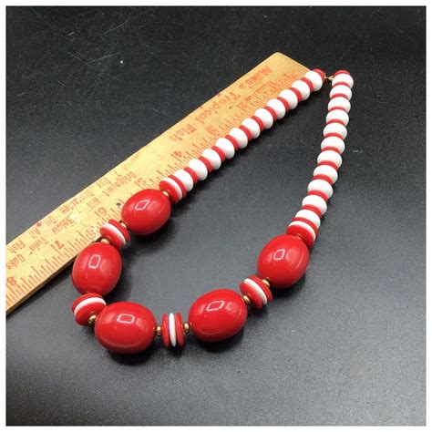 Monet Signed Red And White Necklace Graduated Plastic Beads Statement Ruby Lane