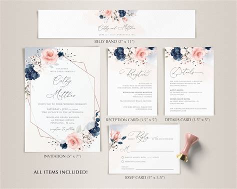 Navy Blue And Blush Pink Wedding Invitation Template Set Etsy UK