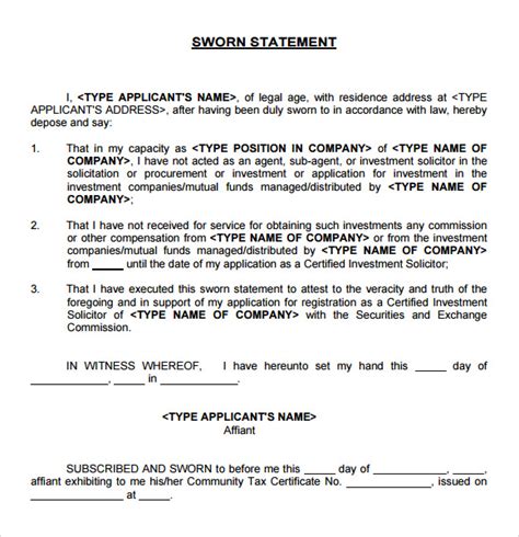 SWORN Statement Template - 12+ Download Free Documents in PDF
