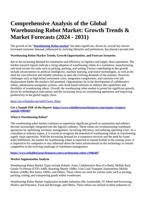 Reportprime Comprehensive Analysis Of The Global Warehousing Robot