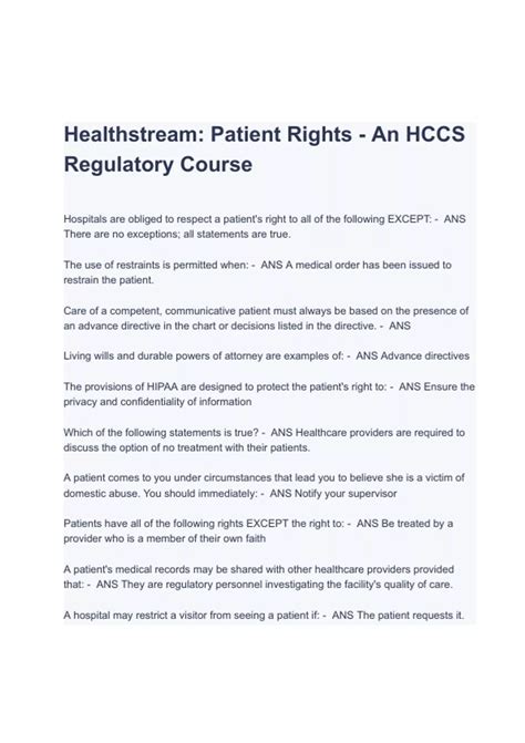 Healthstream Patient Rights An Hccs Regulatory Course Exam Test