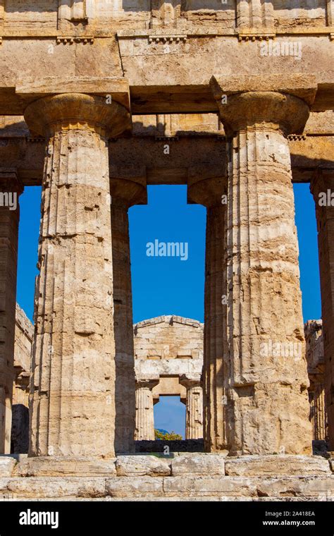 Internal View Of Greek Temple Of Hera II In The Archaeological Site Of