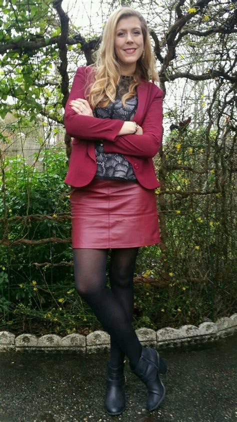 Blonde In Red Leather Skirt Ankle Boots Outfit Red Leather Skirt