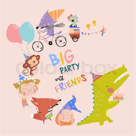 Birthday Card With Cute Animals Celebrating Holiday Stock Vector
