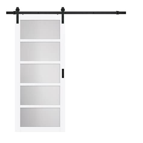 Truporte 36 Inch X 84 Inch White 5 Lite Frosted Glass Rustic Barn Door With Hardware Kit The