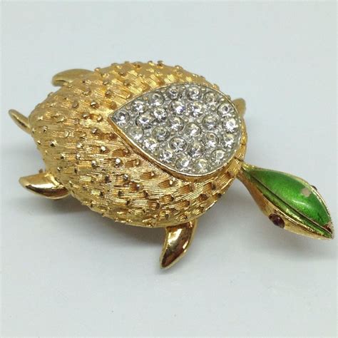 Signed Jj Vintage Sea Turtle Brooch Pin Rhinestone Green Enamel Gold