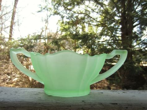 Vintage Frosted Green Glass Handled Bowl Sugar Bowl Vase