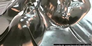 Wonderful Hot Rubber Girl In Full Encased In Black Latex Catsuit Enjoys Her Vacuum Bed Vacbed