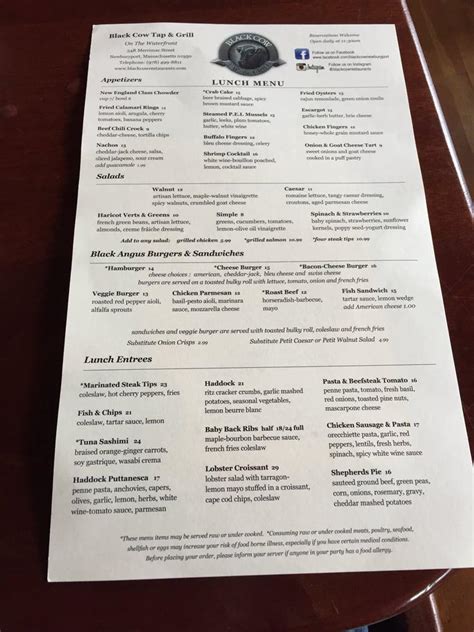 Menu at Black Cow restaurant, Newburyport