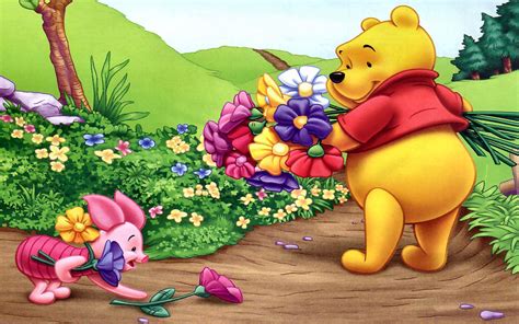 Download Cute Winnie The Pooh With Flowers Wallpaper