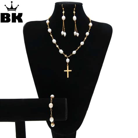 Long Pearl Cross Necklace Set Natural Stone Y Shape Necklace Bracelet