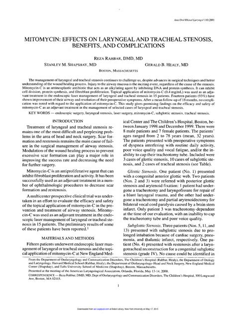 Mitomycin Effects On Laryngeal and Tracheal Stenosis, Benefits, and Complications | PDF ...