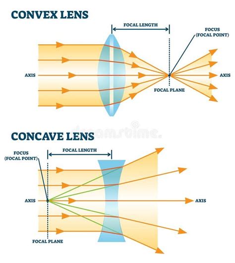 Convex and concave lens, vector illustration diagrams. Labeled scheme with light ray direction ...