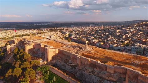 Cinematic Drone Panning View Ancient Urfa Castle Walls In Historical