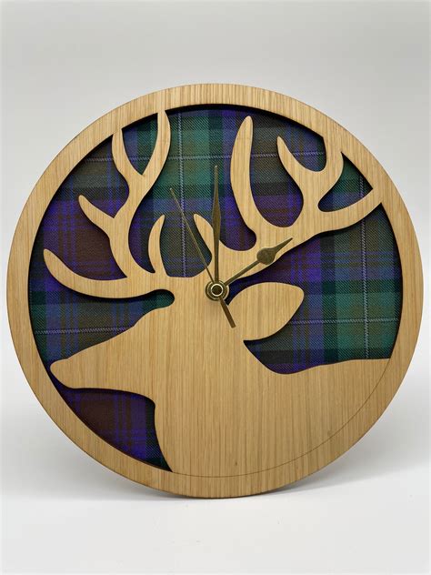 Stag Wall Clock Made From Oak Veneered Wood With Isle Of Skye Tartan B