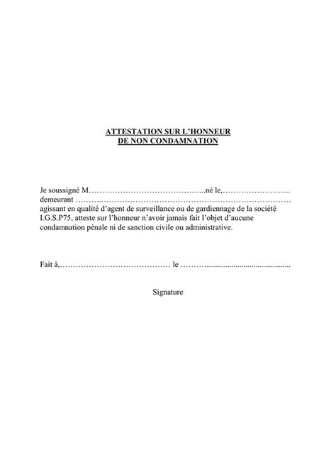 Modele Lettre Attestation Sur Lhonneur De Non Condamnation Exemple De