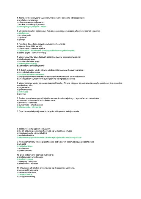 Test Czerwiec 2019 Pytania I Odpowiedzi Teoria Psychoanalityczna