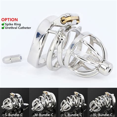 Male Stainless Steel Cock Cage Penis Ring Sleeve Chastity Device Belt With Catheter Spikes