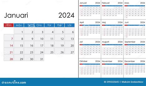 2024 Swedish Calendar Printable Editable Vector Illustration For