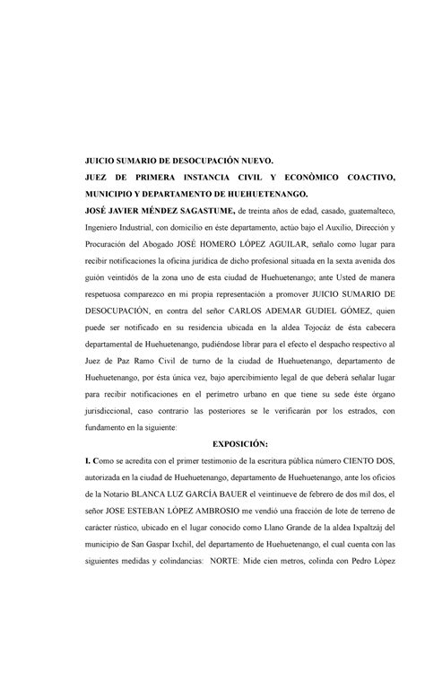 Juicio Sumario DE Desocupación Nuevo JUICIO SUMARIO DE DESOCUPACIÓN