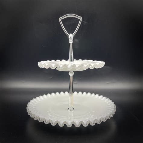 Fenton Glass Silver Crest Milk Glass Clear Crimped Rim Two Tier Tidbit Serving Tray With