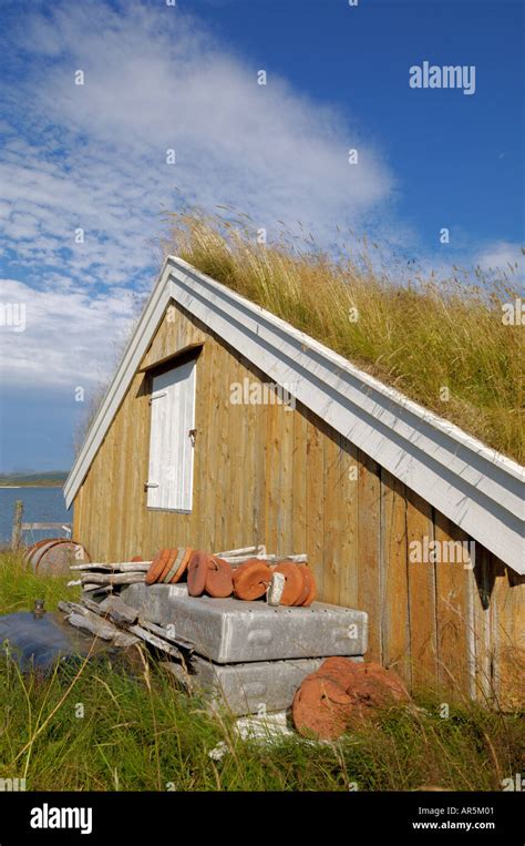 Turf Roofed Wooden Hut Kvaloya Island West Of Tromso Norway Stock