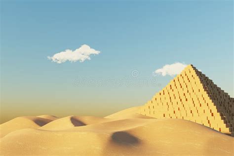 Abstract Desert Dune Cliff Sand With Egyptian Pyramid And Clean Blue