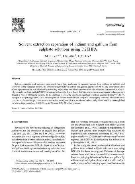 Pdf Solvent Extraction Separation Of Indium And Gallium From Sulphate