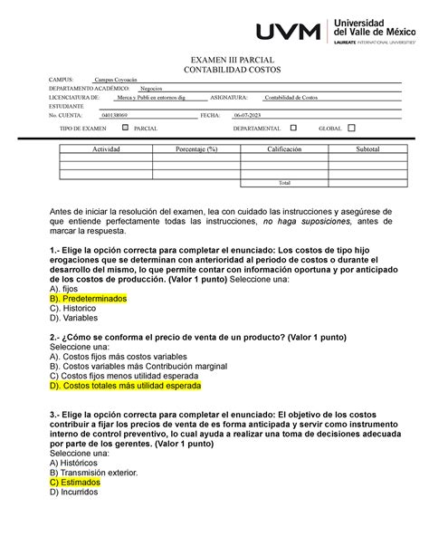 Examen 3 Parcial Contabilidad DE Costos EXAMEN III PARCIAL