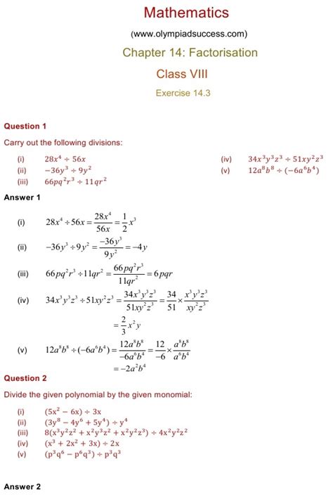 Ncert Solutions For Class 8 Mathematics Chapter 14 Factorization Exercise 14 3